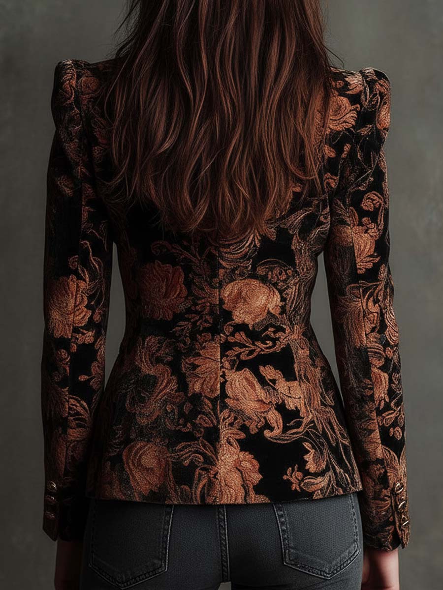 Blazer Sastre con Estampado Floral Negro y Bronce