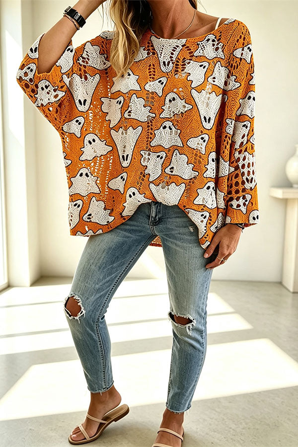 Halloween Pumpkin & Bat Hollow Out Knit Oversized Sweater - chaqueta de mujer, otro ángulo | Chloe Bennett