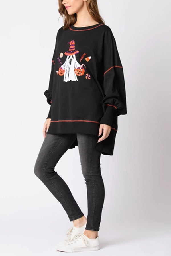 Halloween Ghost Sequin Loose Casual Sweatshirt - moda halloween, vista principal | Chloe Bennett