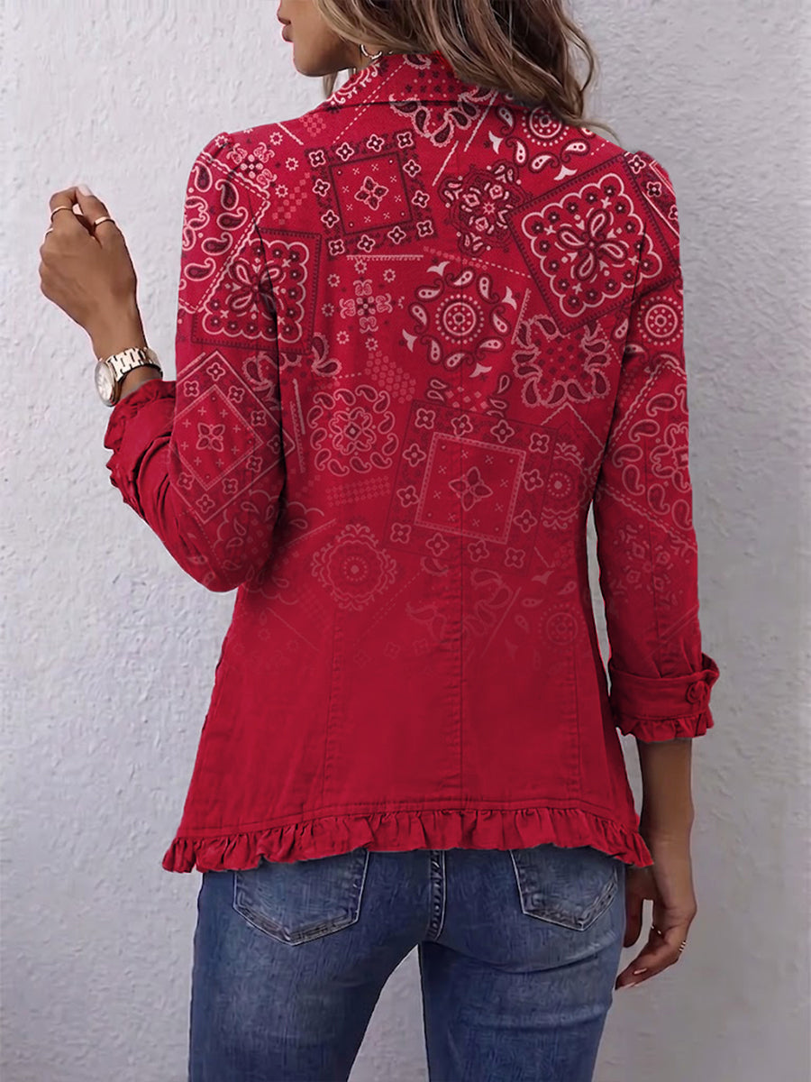 Lucia | Chaqueta con Volantes y Estampado Paisley Ombré Bohemio - chaqueta de mujer, vista frontal | Chloe Bennett