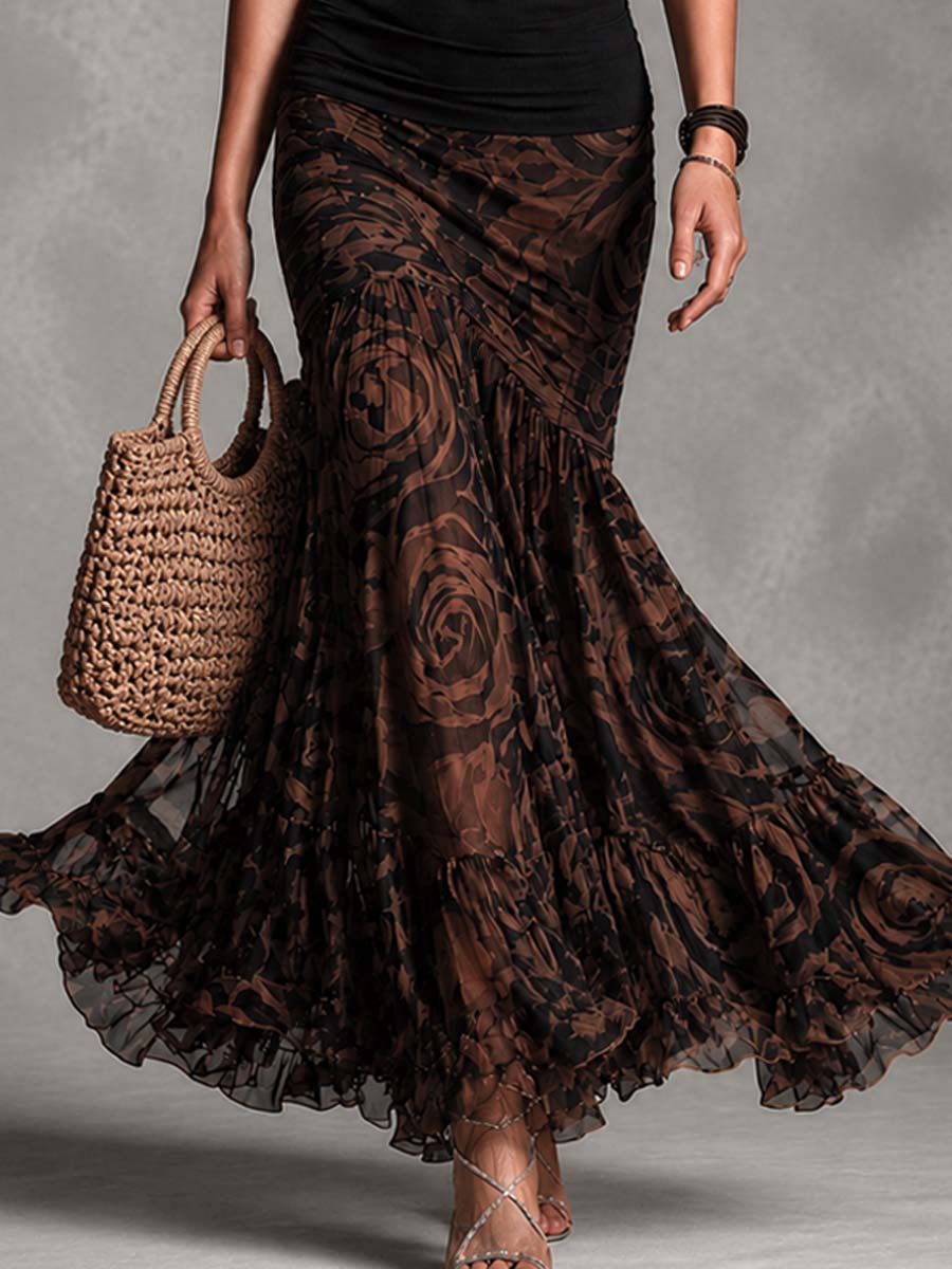Conjunto retro de top negro de tirantes y falda de malla estampada marrón