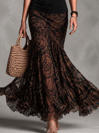 Conjunto retro de top negro de tirantes y falda de malla estampada marrón