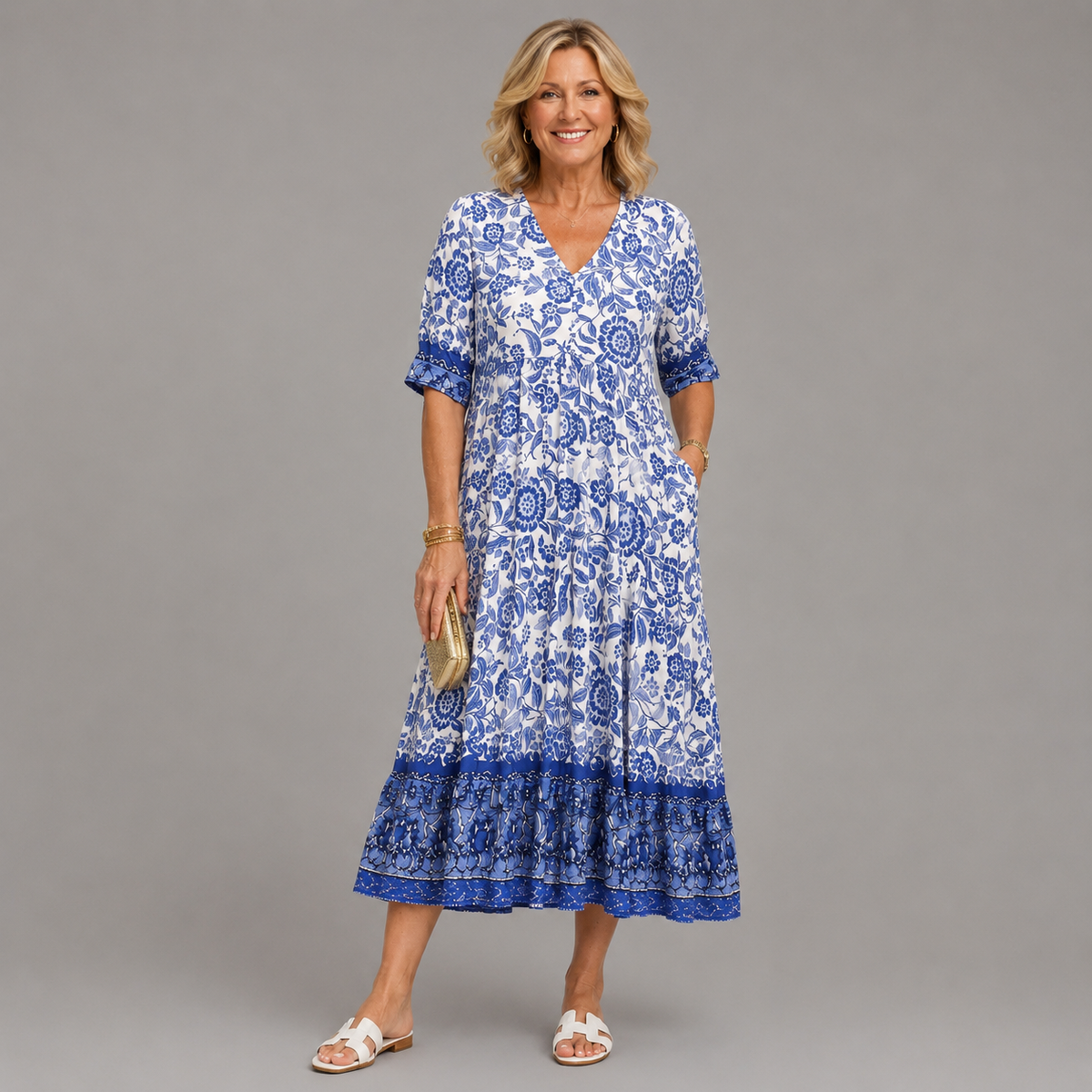 Caterina | Vestido Floral V-Neck Elegante - vestido de mujer, vista principal | Chloe Bennett