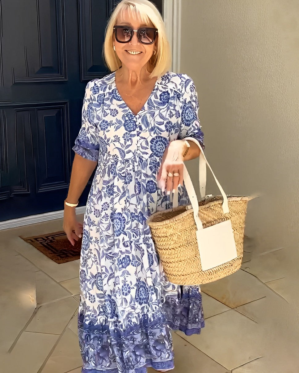Caterina | Vestido Floral V-Neck Elegante - vestido de mujer, vista trasera | Chloe Bennett