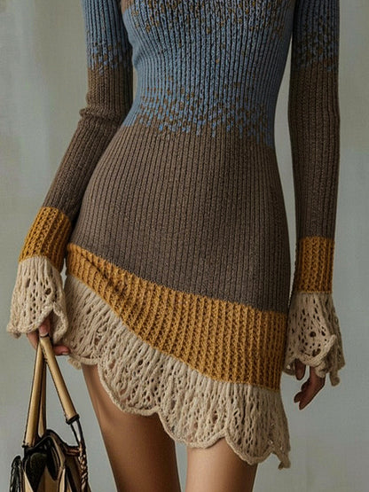 Minivestido de punto multicolor con ribete de volantes de encaje