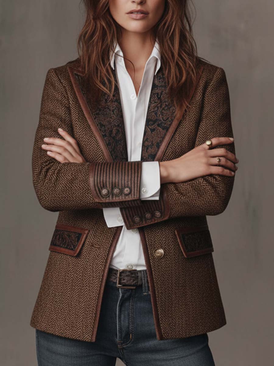 Blazer Espiga con Paneles Estampados