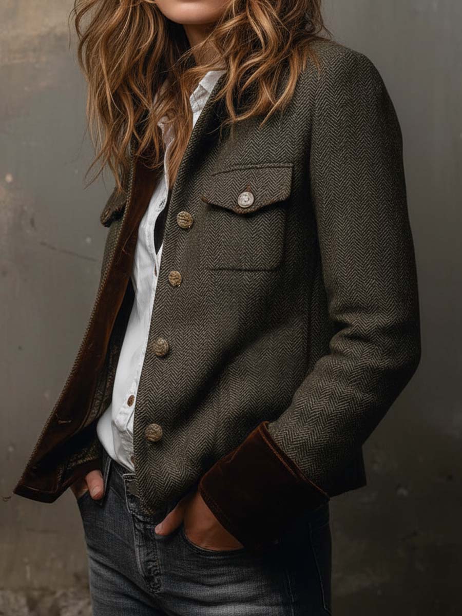 Blazer Vintage Espiga con Bordes en Contraste