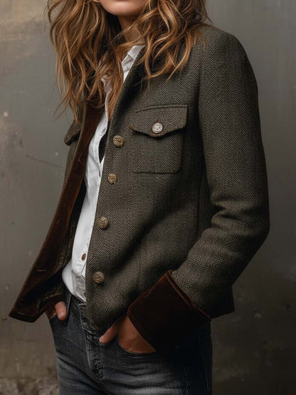 Blazer Vintage Espiga con Bordes en Contraste