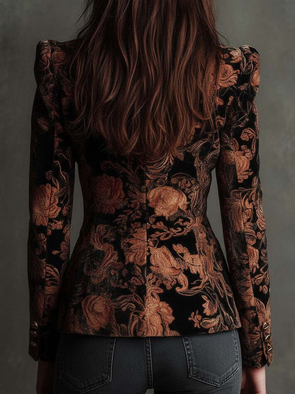Blazer Sastre con Estampado Floral Negro y Bronce
