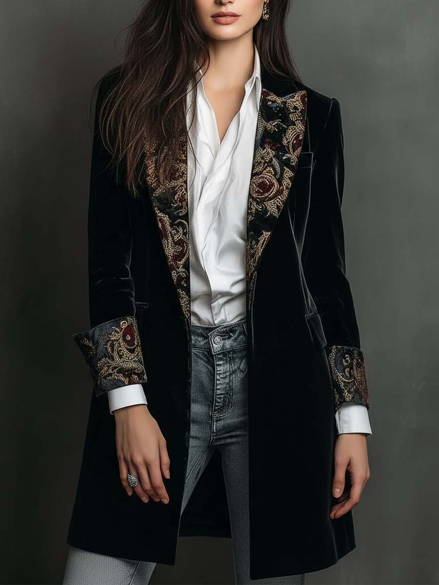 Blazer Slim Fit Negro con Solapas y Estampado Barroco