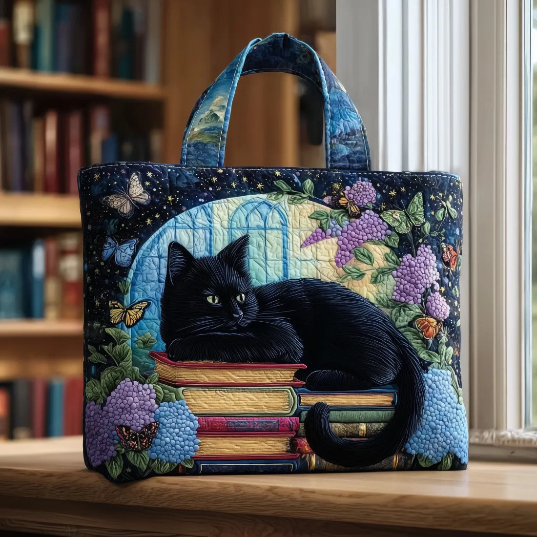 Bolso Artesanal - Gato Negro sobre Libros - bolso de mujer, vista principal | Chloe Bennett