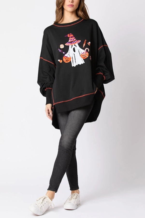 Halloween Ghost Sequin Loose Casual Sweatshirt - moda halloween, vista lateral | Chloe Bennett