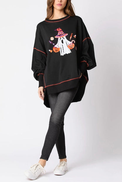 Halloween Ghost Sequin Loose Casual Sweatshirt - moda halloween, vista lateral | Chloe Bennett
