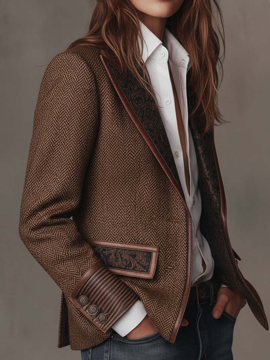 Blazer Espiga con Paneles Estampados
