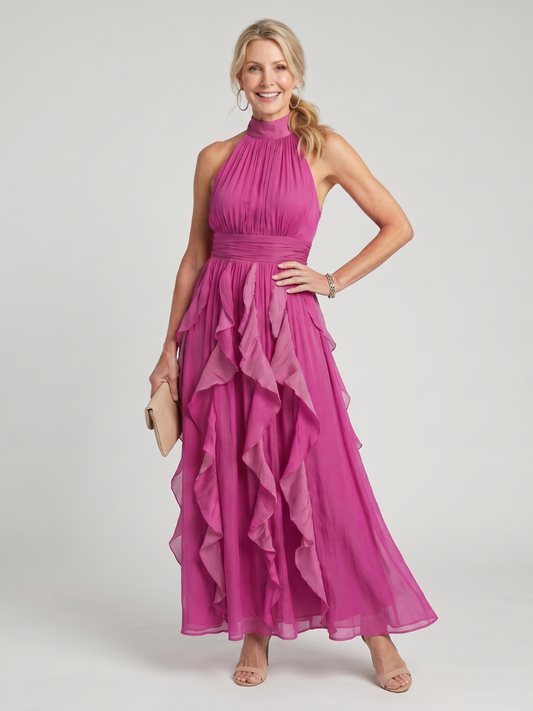 Franca | Vestido Maxi con Cuello Alto y Capas de Volantes - vestido de mujer, vista principal | Chloe Bennett