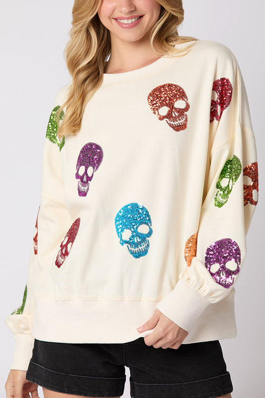 Halloween Skull Sequin Loose Casual Sweatshirt - moda halloween, vista principal | Chloe Bennett