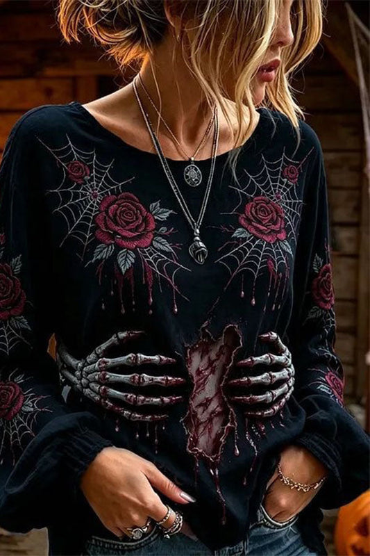 Spooky Season Velvet Long Sleeve Halloween Shirt with Buttons - blusa de mujer, vista principal | Chloe Bennett