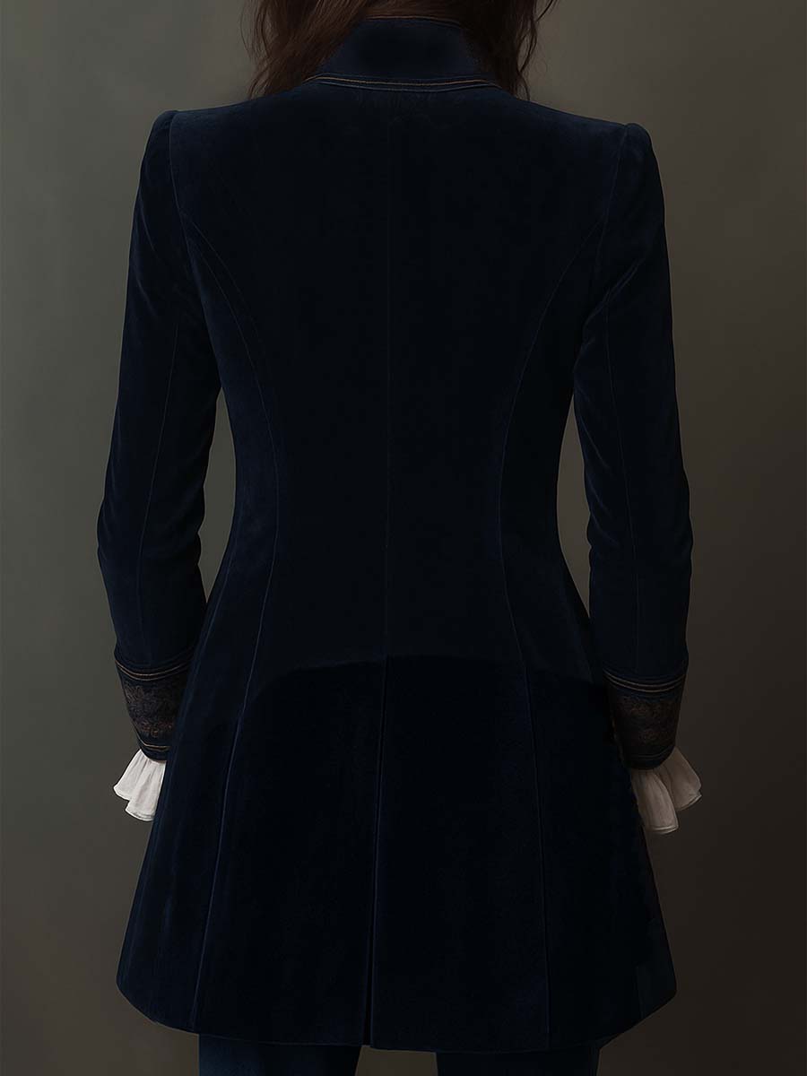 Chaqueta Larga Vintage Azul Marino Bordada