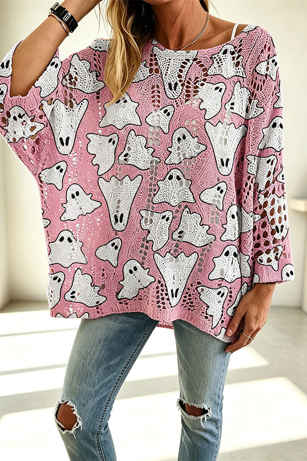 Halloween Pumpkin & Bat Hollow Out Knit Oversized Sweater - chaqueta de mujer, vista frontal | Chloe Bennett