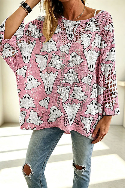 Halloween Pumpkin & Bat Hollow Out Knit Oversized Sweater - chaqueta de mujer, vista frontal | Chloe Bennett