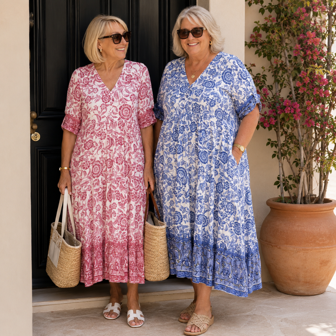 Caterina | Vestido Floral V-Neck Elegante - vestido de mujer, modelo luciendo la prenda | Chloe Bennett