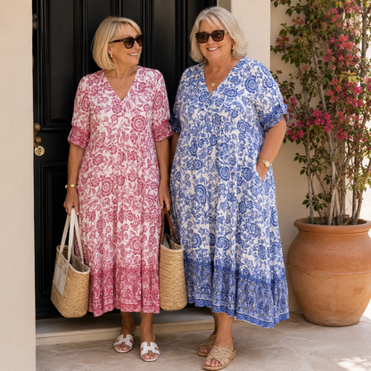 Caterina | Vestido Floral V-Neck Elegante - vestido de mujer, modelo luciendo la prenda | Chloe Bennett
