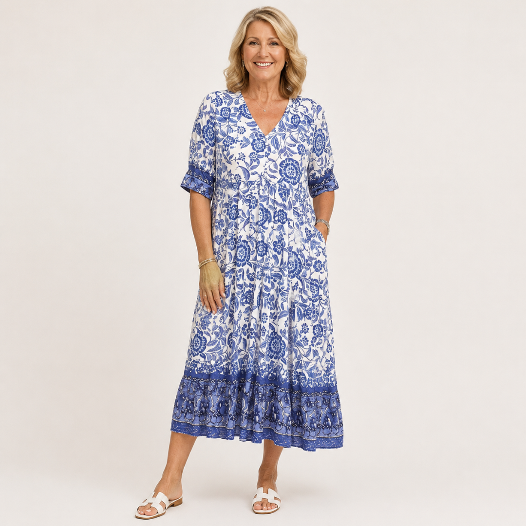Caterina | Vestido Floral V-Neck Elegante - vestido de mujer, detalle | Chloe Bennett