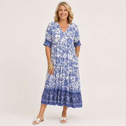 Caterina | Vestido Floral V-Neck Elegante - vestido de mujer, detalle | Chloe Bennett