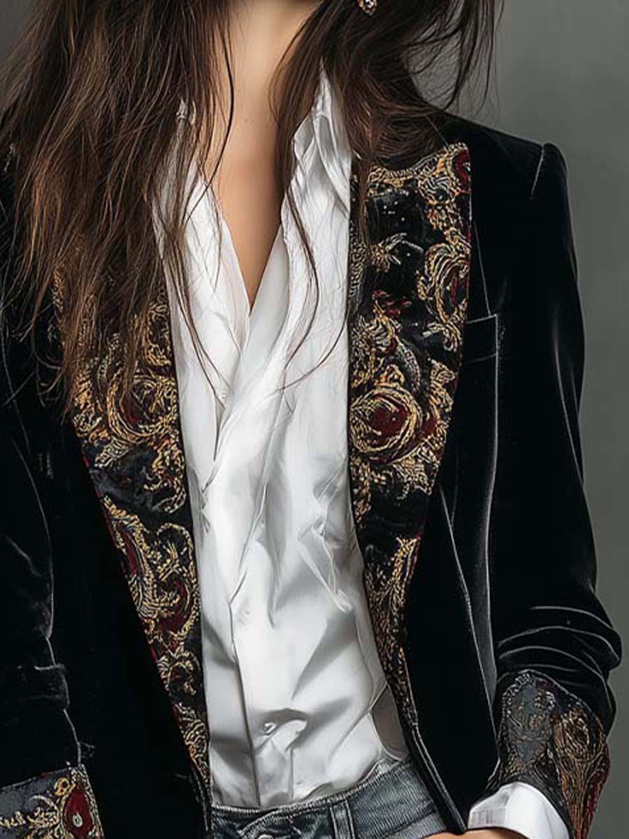 Blazer Slim Fit Negro con Solapas y Estampado Barroco