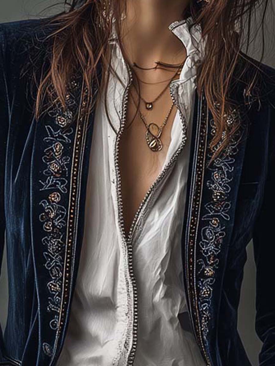 Chaqueta Larga Vintage Azul Marino Bordada