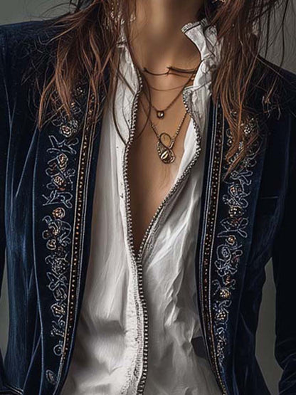 Chaqueta Larga Vintage Azul Marino Bordada