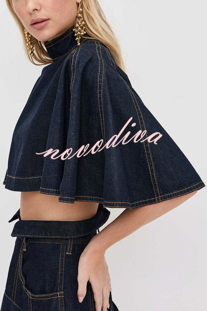 Next Vacation Denim Mock Neck Short Flutter Sleeves Crop Top