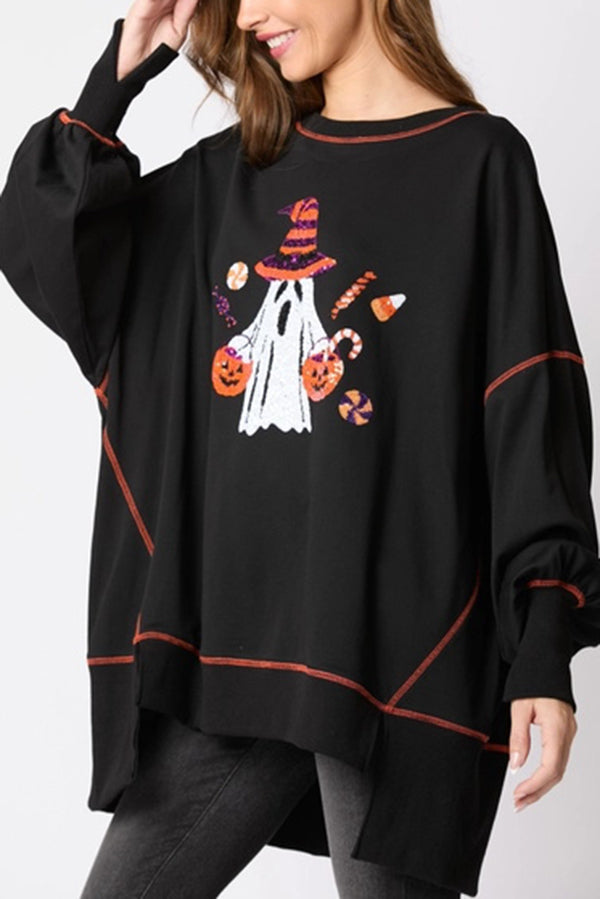 Halloween Ghost Sequin Loose Casual Sweatshirt - moda halloween, vista frontal | Chloe Bennett