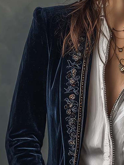 Chaqueta Larga Vintage Azul Marino Bordada