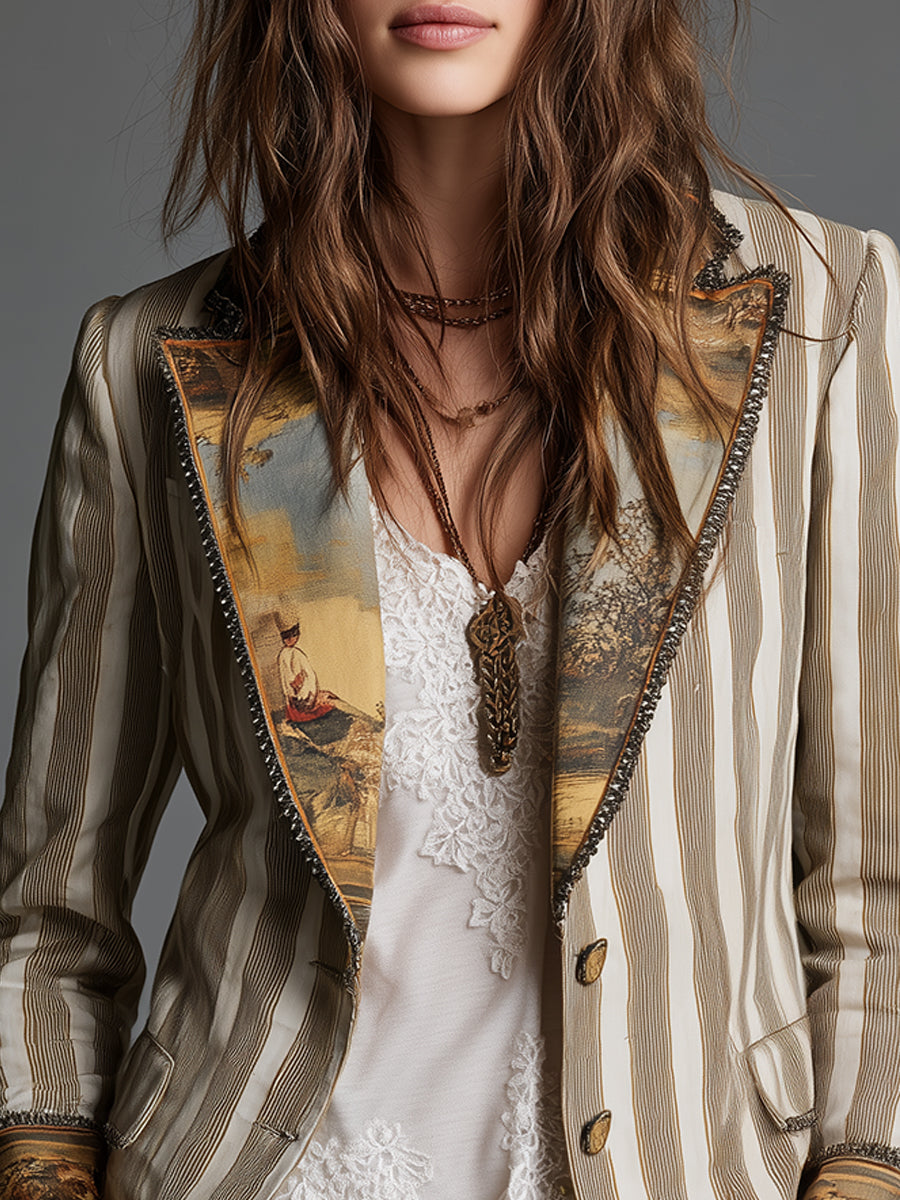Blazer con Solapas y Estampado de Rayas Bohémio