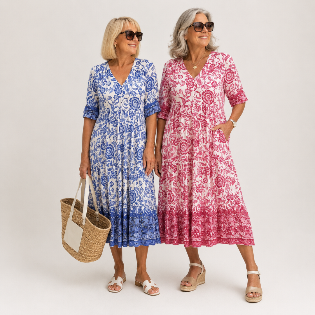 Caterina | Vestido Floral V-Neck Elegante - vestido de mujer, vista trasera | Chloe Bennett
