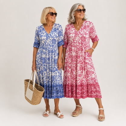 Caterina | Vestido Floral V-Neck Elegante - vestido de mujer, vista trasera | Chloe Bennett
