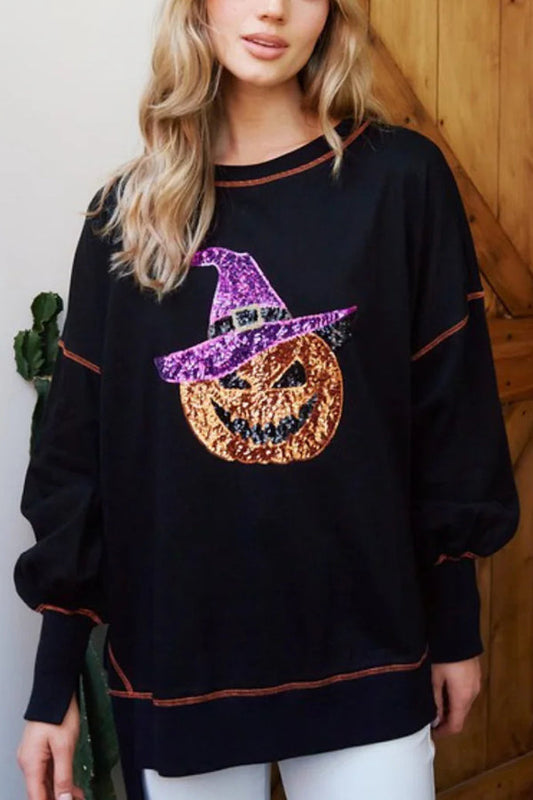 Halloween Sequined Pumpkin Loose Casual Sweatshirt - moda halloween, vista principal | Chloe Bennett