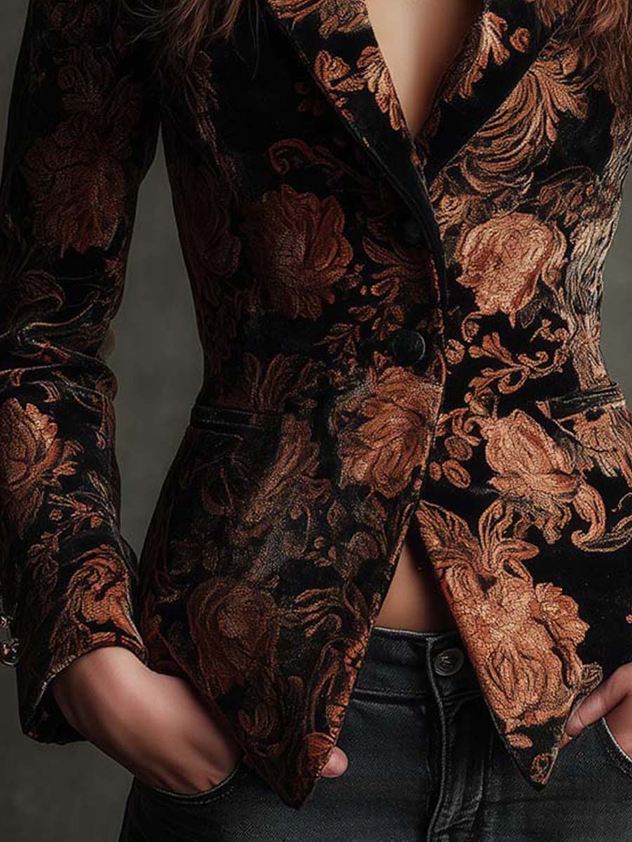 Blazer Sastre con Estampado Floral Negro y Bronce