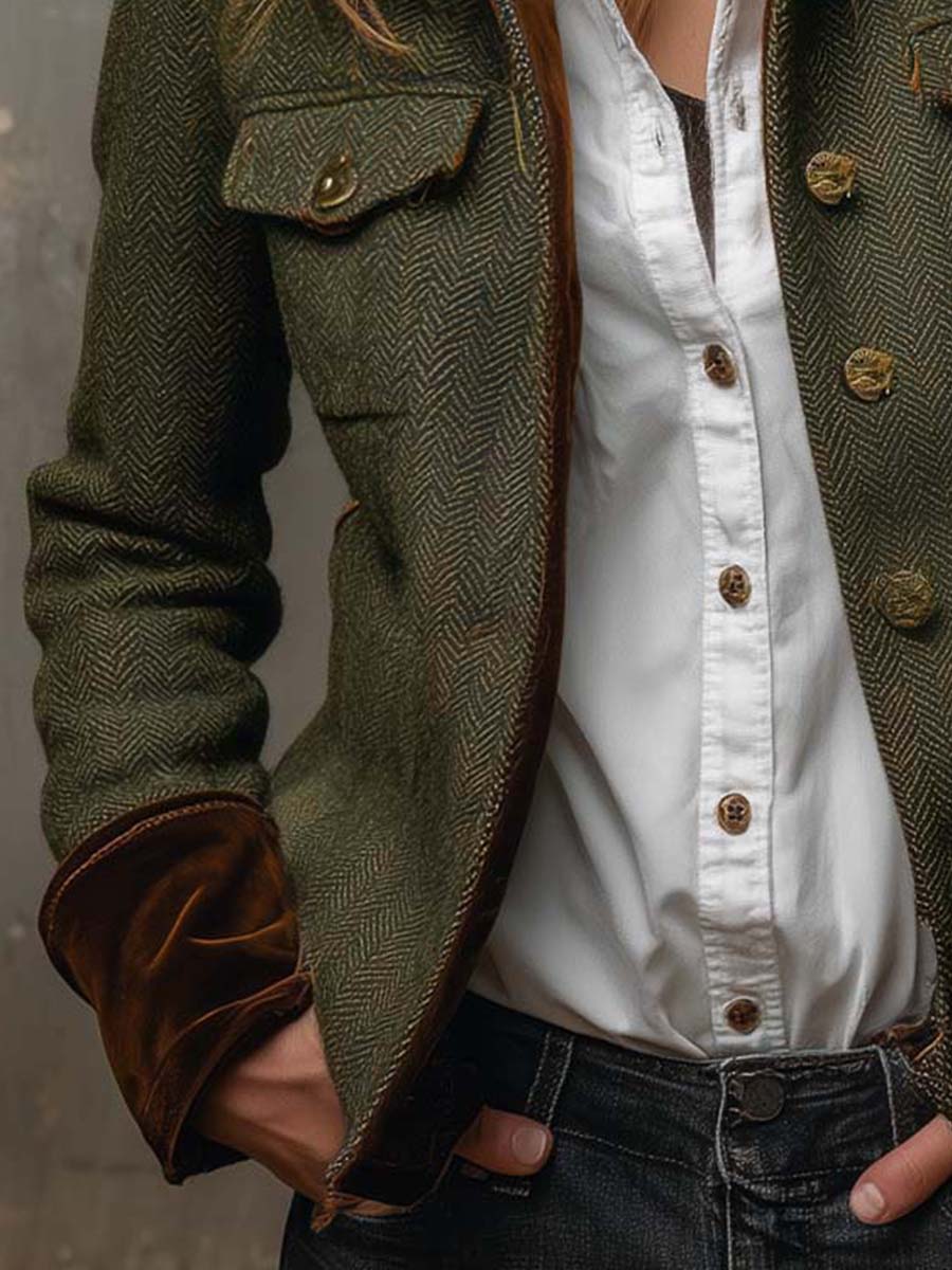 Blazer Vintage Espiga con Bordes en Contraste