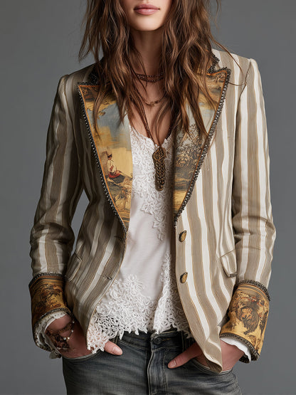 Blazer con Solapas y Estampado de Rayas Bohémio