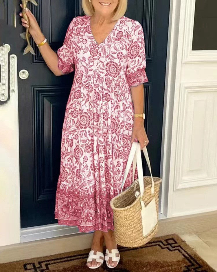 Caterina | Vestido Floral V-Neck Elegante - vestido de mujer, detalle de tejido | Chloe Bennett