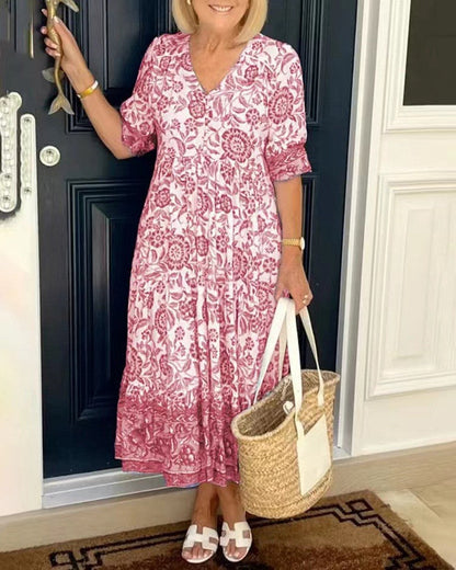 Caterina | Vestido Floral V-Neck Elegante - vestido de mujer, detalle de tejido | Chloe Bennett