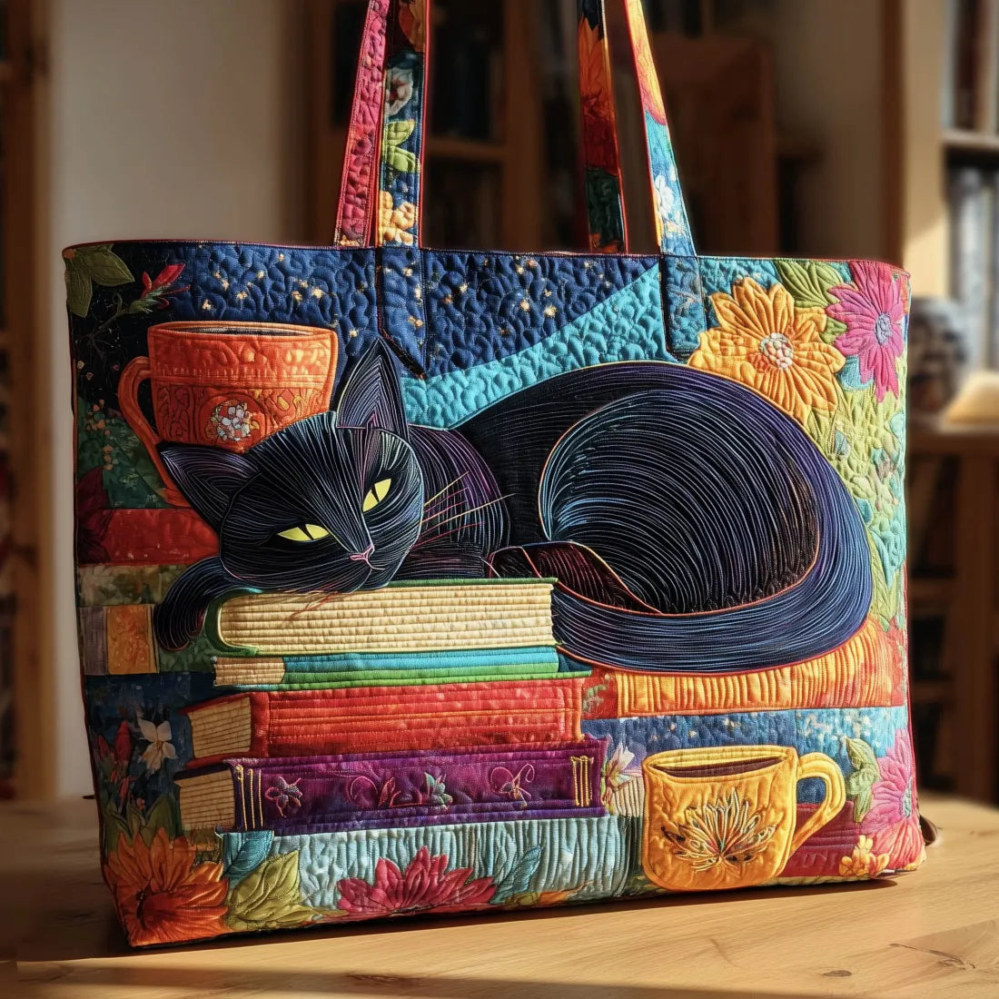 Bolso Artesanal - Gato Negro con Libros y Tazas - bolso de mujer | Chloe Bennett