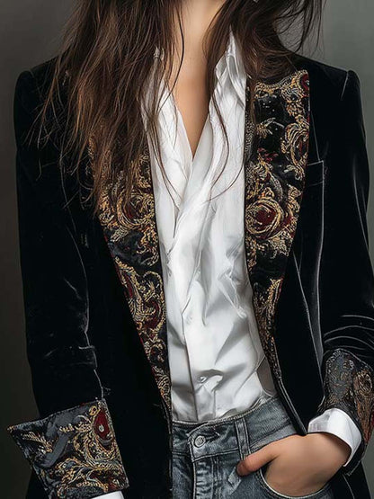 Blazer Slim Fit Negro con Solapas y Estampado Barroco