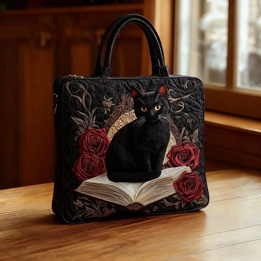 Bolso Artesanal Acolchado - Gato Negro sobre Libros - bolso de mujer, vista principal | Chloe Bennett