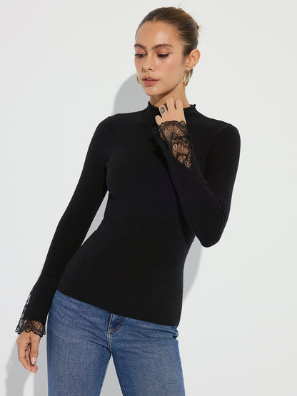 Elvira | Jersey de Cuello Alto con Puños de Encaje