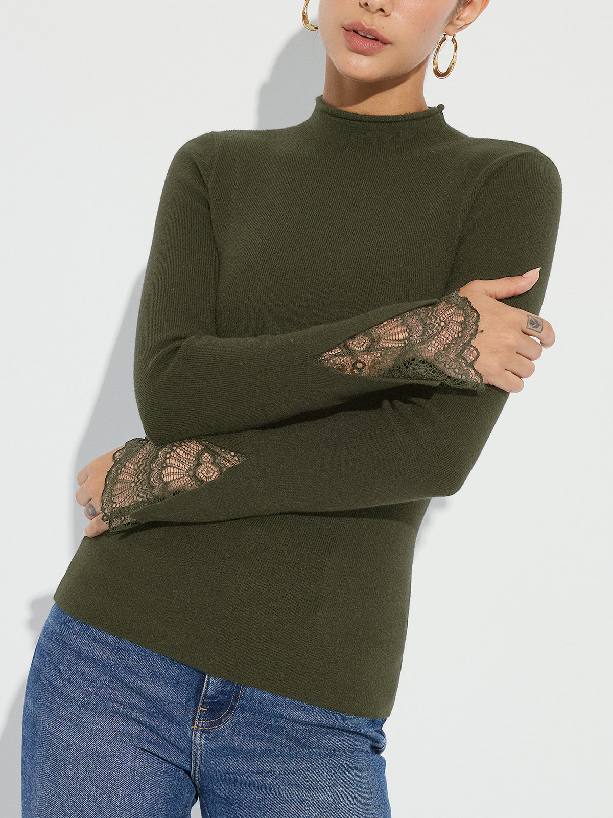 Elvira | Jersey de Cuello Alto con Puños de Encaje