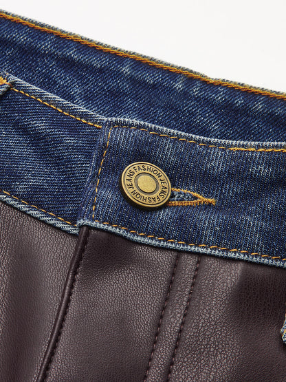 Olaya | Pantalón Recto de Polipiel con Paneles Denim