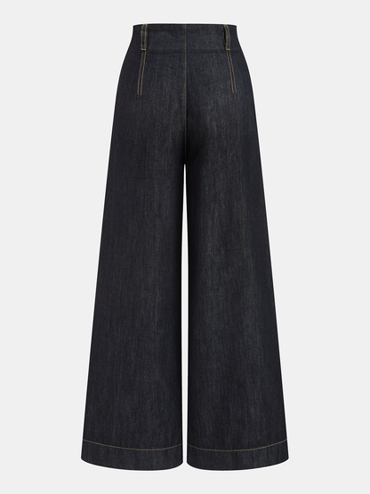 Salma | Jeans Pierna Ancha Tiro Alto con Costuras en Contraste